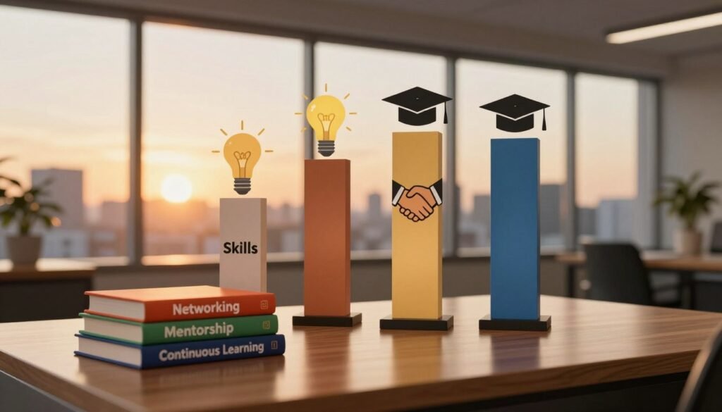 A serene and inspiring office environment, featuring four symbolic pillars representing professional development. In the foreground, a polished wooden desk showcases a stack of books titled "Skills", "Networking", "Mentorship", and "Continuous Learning", all in vibrant colors. In the middle, the four pillars, each uniquely designed with motivational icons such as light bulbs, hands shaking, and graduation caps, stand tall amidst soft ambient lighting. The background reveals a panoramic window with a cityscape illuminated by a sunset, casting warm golden hues throughout the scene. The mood is uplifting and focused, evoking a sense of aspiration and growth, with a shallow depth of field emphasizing the pillars as the central theme. A serene and inspiring office environment, featuring four symbolic pillars representing professional development. In the foreground, a polished wooden desk showcases a stack of books titled "Skills", "Networking", "Mentorship", and "Continuous Learning", all in vibrant colors. In the middle, the four pillars, each uniquely designed with motivational icons such as light bulbs, hands shaking, and graduation caps, stand tall amidst soft ambient lighting. The background reveals a panoramic window with a cityscape illuminated by a sunset, casting warm golden hues throughout the scene. The mood is uplifting and focused, evoking a sense of aspiration and growth, with a shallow depth of field emphasizing the pillars as the central theme.