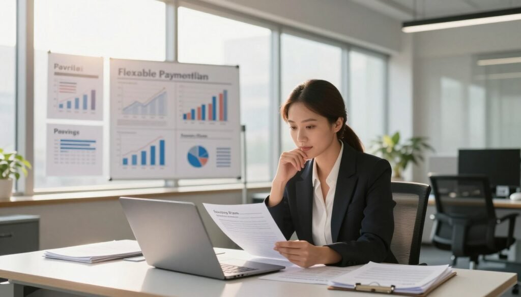 A serene and modern office environment, featuring a professional businesswoman, dressed in smart attire, seated at a sleek desk cluttered with documents and a laptop. In the foreground, focus on her thoughtful expression as she reviews savings plans. The middle ground includes a wall filled with charts showcasing flexible payment plans and financial growth. In the background, large windows let in warm, soft sunlight, illuminating the room and creating an inviting atmosphere. The overall mood is optimistic and focused, reflecting a sense of purpose and financial planning for the future. Use a wide-angle lens to capture the depth of the office space, with a soft focus on the financial charts to emphasize the subject's concentration on her wealth-building strategy. A serene and modern office environment, featuring a professional businesswoman, dressed in smart attire, seated at a sleek desk cluttered with documents and a laptop. In the foreground, focus on her thoughtful expression as she reviews savings plans. The middle ground includes a wall filled with charts showcasing flexible payment plans and financial growth. In the background, large windows let in warm, soft sunlight, illuminating the room and creating an inviting atmosphere. The overall mood is optimistic and focused, reflecting a sense of purpose and financial planning for the future. Use a wide-angle lens to capture the depth of the office space, with a soft focus on the financial charts to emphasize the subject's concentration on her wealth-building strategy.