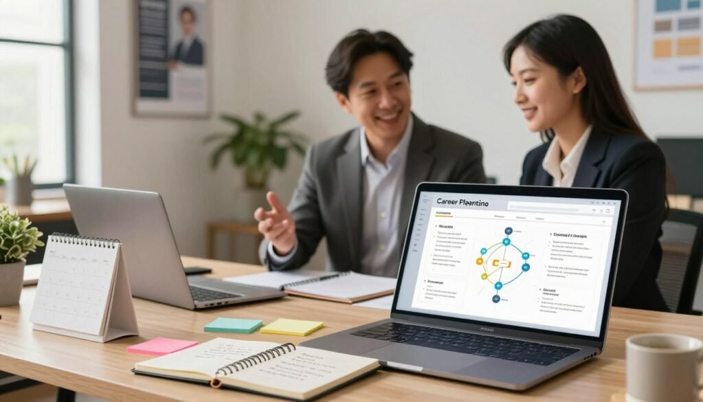 A serene and modern workspace setting featuring an open desk with essential career planning tools. In the foreground, a laptop displays a digital career roadmap, alongside a notepad filled with handwritten goals and milestones. Visible are colorful sticky notes and a calendar, emphasizing organization. In the middle ground, a professional wearing smart business attire is engaged in focused discussion with a career coach, both smiling and appearing motivated. The background showcases a bright, softly lit office with motivational posters on the walls, and a potted plant adding life to the scene. The overall mood is inspiring and productive, with warm lighting highlighting the positive atmosphere, suggesting a proactive approach to career development. A serene and modern workspace setting featuring an open desk with essential career planning tools. In the foreground, a laptop displays a digital career roadmap, alongside a notepad filled with handwritten goals and milestones. Visible are colorful sticky notes and a calendar, emphasizing organization. In the middle ground, a professional wearing smart business attire is engaged in focused discussion with a career coach, both smiling and appearing motivated. The background showcases a bright, softly lit office with motivational posters on the walls, and a potted plant adding life to the scene. The overall mood is inspiring and productive, with warm lighting highlighting the positive atmosphere, suggesting a proactive approach to career development.