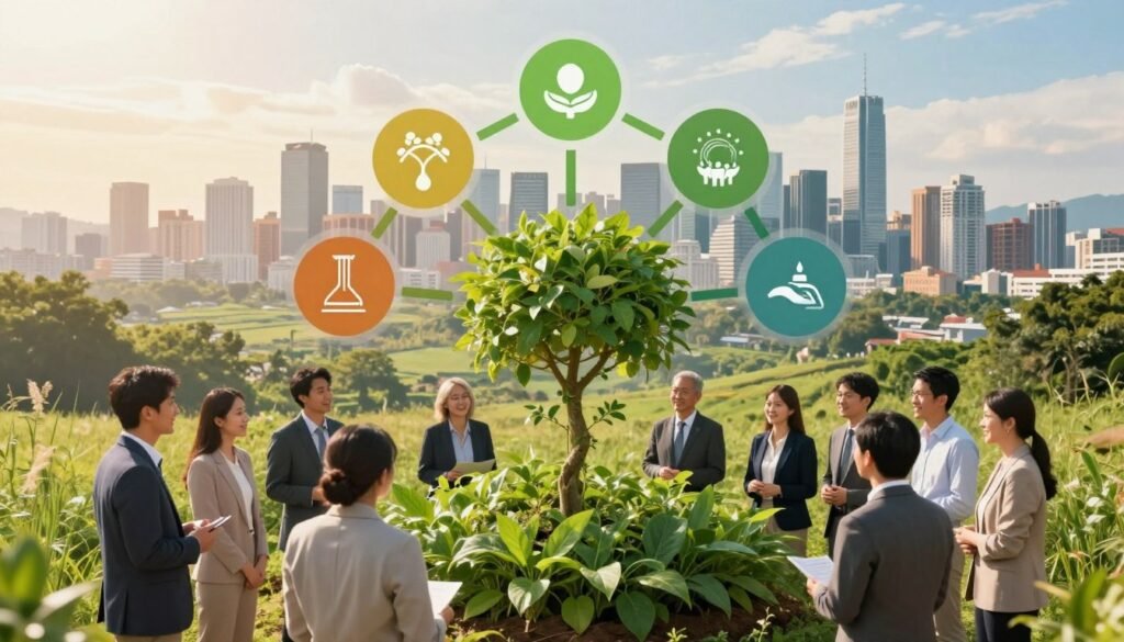 A serene and visually striking composition illustrating the pillars of sustainable development—environmental, social, and economic. In the foreground, a diverse group of business professionals, dressed in smart casual attire, engage in a lively discussion around a lush green plant symbolizing environmental sustainability. The middle ground features interconnected symbols of social and economic development, such as community connections and thriving businesses. In the background, a vibrant city skyline merges with natural landscapes, representing the harmony between urban and rural elements. The lighting is warm and natural, evoking an optimistic atmosphere. The angle is slightly elevated, providing a comprehensive view of the scene that embodies the essence of sustainability. A serene and visually striking composition illustrating the pillars of sustainable development—environmental, social, and economic. In the foreground, a diverse group of business professionals, dressed in smart casual attire, engage in a lively discussion around a lush green plant symbolizing environmental sustainability. The middle ground features interconnected symbols of social and economic development, such as community connections and thriving businesses. In the background, a vibrant city skyline merges with natural landscapes, representing the harmony between urban and rural elements. The lighting is warm and natural, evoking an optimistic atmosphere. The angle is slightly elevated, providing a comprehensive view of the scene that embodies the essence of sustainability.
