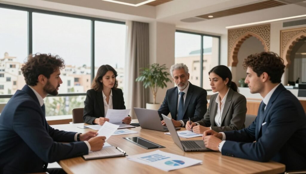 A serene business meeting taking place in a stylish, modern conference room in Morocco, filled with natural light from large windows showcasing the cityscape. In the foreground, a diverse group of four professionals—two men and two women—wearing smart business attire, are engaged in a discussion, looking at documents and each other with expressions of focus and enthusiasm. In the middle, a sleek table adorned with charts, graphs, and a laptop, symbolizing secure investment strategies, while the background highlights traditional Moroccan architecture, seamlessly blending with contemporary elements. The atmosphere is one of collaboration and optimism, captured with a wide-angle lens and soft, diffused lighting to create an inviting mood. A serene business meeting taking place in a stylish, modern conference room in Morocco, filled with natural light from large windows showcasing the cityscape. In the foreground, a diverse group of four professionals—two men and two women—wearing smart business attire, are engaged in a discussion, looking at documents and each other with expressions of focus and enthusiasm. In the middle, a sleek table adorned with charts, graphs, and a laptop, symbolizing secure investment strategies, while the background highlights traditional Moroccan architecture, seamlessly blending with contemporary elements. The atmosphere is one of collaboration and optimism, captured with a wide-angle lens and soft, diffused lighting to create an inviting mood.