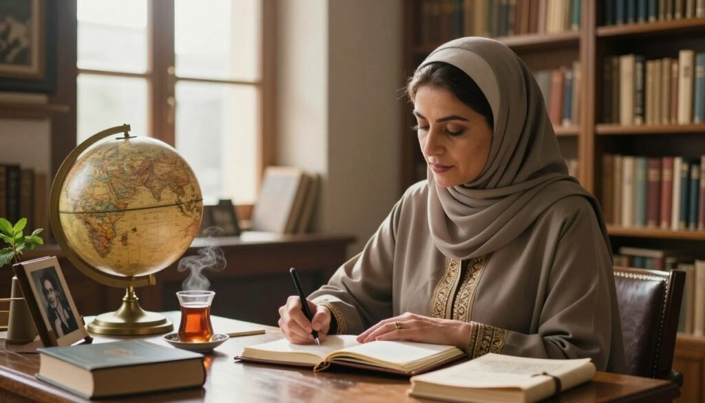 A serene library setting featuring a middle-aged Moroccan woman, representing Leila Abouzeid, surrounded by shelves overflowing with books. In the foreground, she is seated at a wooden desk, writing intently in a leather-bound notebook, dressed in elegant yet modest attire. The middle ground includes a classic globe, a steaming cup of mint tea, and personal artifacts that hint at literary inspiration, such as photographs and manuscripts. The background reveals large windows allowing soft, warm sunlight to filter through, casting gentle shadows and adding depth to the scene. The overall mood is reflective and inspiring, capturing the essence of literary heritage and creativity. Use soft focus for a dreamy atmosphere, emphasizing the subject's contemplative expression while keeping the focus clear on her work and surroundings. A serene library setting featuring a middle-aged Moroccan woman, representing Leila Abouzeid, surrounded by shelves overflowing with books. In the foreground, she is seated at a wooden desk, writing intently in a leather-bound notebook, dressed in elegant yet modest attire. The middle ground includes a classic globe, a steaming cup of mint tea, and personal artifacts that hint at literary inspiration, such as photographs and manuscripts. The background reveals large windows allowing soft, warm sunlight to filter through, casting gentle shadows and adding depth to the scene. The overall mood is reflective and inspiring, capturing the essence of literary heritage and creativity. Use soft focus for a dreamy atmosphere, emphasizing the subject's contemplative expression while keeping the focus clear on her work and surroundings.