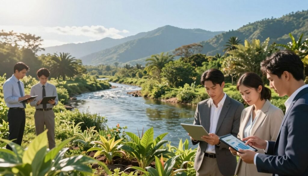 A serene natural landscape showcasing various environmental impact types: in the foreground, a diverse group of professionals in business attire analyzing data on tablets, surrounded by healthy plant life. In the middle ground, a flowing river with reflections of trees, symbolizing water management and pollution metrics. In the background, a mountain range under a clear blue sky, representing the conservation of natural habitats. Soft, warm sunlight enhances the scene, casting gentle shadows and creating a hopeful and informed atmosphere. The image should be captivating yet focused, emphasizing the importance of environmental assessments and measured actions without any text or overlays. A serene natural landscape showcasing various environmental impact types: in the foreground, a diverse group of professionals in business attire analyzing data on tablets, surrounded by healthy plant life. In the middle ground, a flowing river with reflections of trees, symbolizing water management and pollution metrics. In the background, a mountain range under a clear blue sky, representing the conservation of natural habitats. Soft, warm sunlight enhances the scene, casting gentle shadows and creating a hopeful and informed atmosphere. The image should be captivating yet focused, emphasizing the importance of environmental assessments and measured actions without any text or overlays.