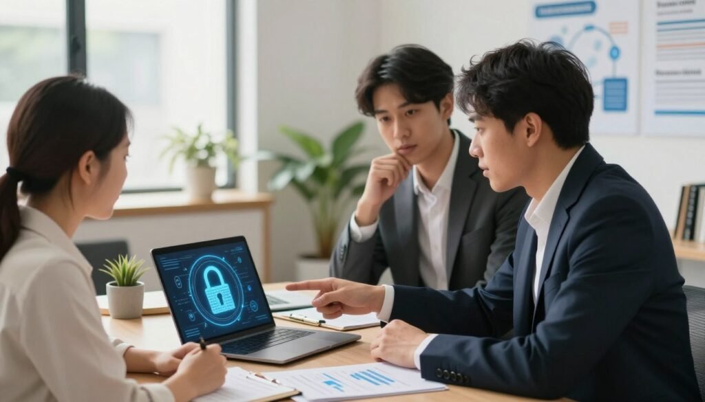 A serene office environment featuring a diverse group of three professionals engaged in a discussion about personal data protection. In the foreground, a woman in a smart blouse and a man in a business suit are pointing to a laptop screen that displays a digital padlock icon. A third individual, casually dressed and taking notes, looks thoughtfully at them. The middle ground reveals a clean, organized workspace with documents and a plant, enhancing the professional atmosphere. Soft, diffused daylight filters through a window, creating a warm and inviting mood. The background subtly features a blurred bookshelf and a wall with data privacy infographics, emphasizing the theme of personal data security. The image is well-composed, focusing on collaboration and awareness. A serene office environment featuring a diverse group of three professionals engaged in a discussion about personal data protection. In the foreground, a woman in a smart blouse and a man in a business suit are pointing to a laptop screen that displays a digital padlock icon. A third individual, casually dressed and taking notes, looks thoughtfully at them. The middle ground reveals a clean, organized workspace with documents and a plant, enhancing the professional atmosphere. Soft, diffused daylight filters through a window, creating a warm and inviting mood. The background subtly features a blurred bookshelf and a wall with data privacy infographics, emphasizing the theme of personal data security. The image is well-composed, focusing on collaboration and awareness.