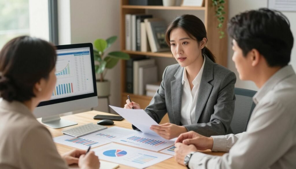 A serene office environment, featuring a professional female financial advisor in business attire, intently discussing with a middle-aged couple about their savings strategy. The foreground shows a large desk with graphs and charts illustrating savings plans, while the middle ground includes a computer displaying financial data. In the background, there are shelves filled with financial books and plants, creating a warm, inviting atmosphere. Soft, natural light filters through a window, casting gentle shadows that enhance the mood of focus and assurance. The image should convey a sense of trust, security, and proactive financial planning, emphasizing the idea of monitoring and adjusting savings according to personal needs. A serene office environment, featuring a professional female financial advisor in business attire, intently discussing with a middle-aged couple about their savings strategy. The foreground shows a large desk with graphs and charts illustrating savings plans, while the middle ground includes a computer displaying financial data. In the background, there are shelves filled with financial books and plants, creating a warm, inviting atmosphere. Soft, natural light filters through a window, casting gentle shadows that enhance the mood of focus and assurance. The image should convey a sense of trust, security, and proactive financial planning, emphasizing the idea of monitoring and adjusting savings according to personal needs.