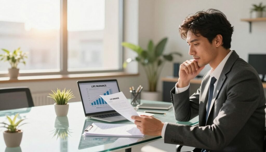 A serene office environment in Morocco, conveying the concept of life insurance and capital investment benefits. In the foreground, a confident businessperson in professional attire, analyzing financial documents related to life insurance, with a thoughtful expression. In the middle, a sleek glass table displaying charts and graphs that illustrate the advantages of life insurance and capital growth, surrounded by modern office decor. In the background, large windows allow warm sunlight to fill the space, casting soft shadows and creating an inviting atmosphere. The overall mood is one of optimism and financial empowerment, perfect for someone looking to invest wisely. Utilize a well-lit, bright color palette that highlights the professional yet warm tone of the scene. A serene office environment in Morocco, conveying the concept of life insurance and capital investment benefits. In the foreground, a confident businessperson in professional attire, analyzing financial documents related to life insurance, with a thoughtful expression. In the middle, a sleek glass table displaying charts and graphs that illustrate the advantages of life insurance and capital growth, surrounded by modern office decor. In the background, large windows allow warm sunlight to fill the space, casting soft shadows and creating an inviting atmosphere. The overall mood is one of optimism and financial empowerment, perfect for someone looking to invest wisely. Utilize a well-lit, bright color palette that highlights the professional yet warm tone of the scene.