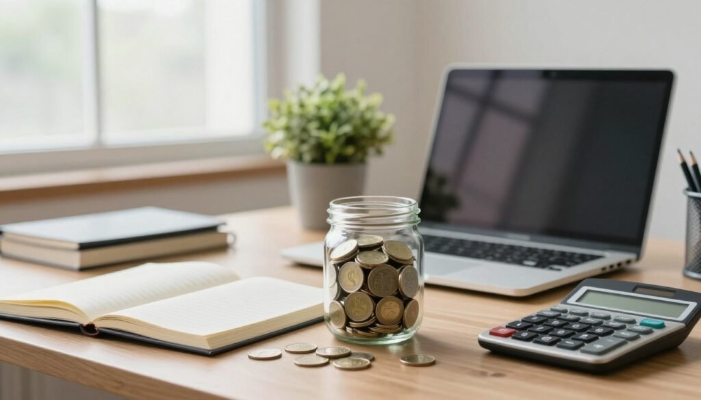A serene office space featuring a well-organized desk with a laptop, open financial notebooks, and a calculator. In the foreground, a clear glass jar filled with cash and coins symbolizes a solid emergency savings fund. The middle of the image showcases a potted plant for a touch of nature, blending productivity with comfort. The background includes large windows letting in soft, natural light, creating a warm ambiance. A gentle focus highlights the items on the desk, while the overall composition evokes a sense of financial stability and empowerment. The mood is calm and encouraging, emphasizing the importance of building a strong savings foundation. A serene office space featuring a well-organized desk with a laptop, open financial notebooks, and a calculator. In the foreground, a clear glass jar filled with cash and coins symbolizes a solid emergency savings fund. The middle of the image showcases a potted plant for a touch of nature, blending productivity with comfort. The background includes large windows letting in soft, natural light, creating a warm ambiance. A gentle focus highlights the items on the desk, while the overall composition evokes a sense of financial stability and empowerment. The mood is calm and encouraging, emphasizing the importance of building a strong savings foundation.