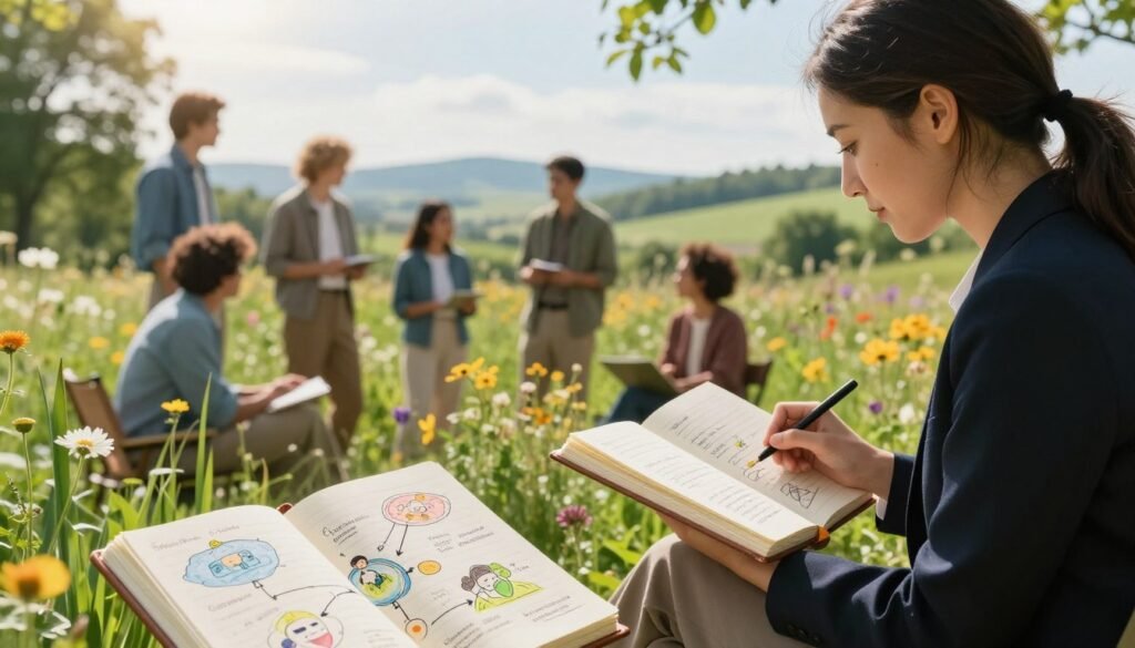 A serene outdoor setting with a diverse group of individuals, including a woman in a smart business outfit looking at a nature journal, examining sketches and notes about her passions and skills. In the foreground, an open notebook with colorful drawings and mind maps about career paths. The middle ground features the group engaging in discussions, surrounded by lush greenery and vibrant wildflowers, with warm sunlight filtering through the leaves, creating a rich, inviting atmosphere. The background shows a soft-focus landscape of rolling hills and clear skies, symbolizing exploration and new horizons. Capture this scene with a slight depth of field to emphasize the foreground elements while maintaining a bright, optimistic mood. A serene outdoor setting with a diverse group of individuals, including a woman in a smart business outfit looking at a nature journal, examining sketches and notes about her passions and skills. In the foreground, an open notebook with colorful drawings and mind maps about career paths. The middle ground features the group engaging in discussions, surrounded by lush greenery and vibrant wildflowers, with warm sunlight filtering through the leaves, creating a rich, inviting atmosphere. The background shows a soft-focus landscape of rolling hills and clear skies, symbolizing exploration and new horizons. Capture this scene with a slight depth of field to emphasize the foreground elements while maintaining a bright, optimistic mood.