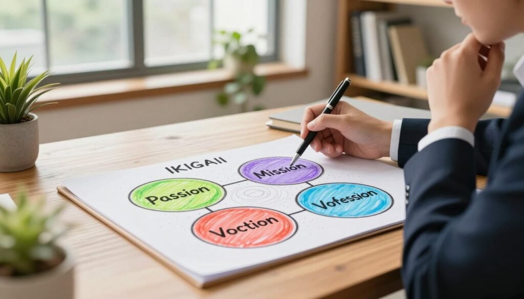 A serene workspace with a large, hand-drawn Ikigai diagram on a wooden table, featuring vibrant circles representing passion, mission, vocation, and profession. In the foreground, a person in professional business attire, thoughtfully examining the diagram, with a clipboard and a pen in hand. The middle ground includes plants and bookshelves filled with career-oriented books. The background showcases a softly lit window with natural light streaming in, creating a warm and inviting atmosphere. The scene conveys a sense of exploration and clarity, ideal for guiding individuals on their professional journey. Capture the essence of self-discovery and orientation in a well-organized, engaging setting. A serene workspace with a large, hand-drawn Ikigai diagram on a wooden table, featuring vibrant circles representing passion, mission, vocation, and profession. In the foreground, a person in professional business attire, thoughtfully examining the diagram, with a clipboard and a pen in hand. The middle ground includes plants and bookshelves filled with career-oriented books. The background showcases a softly lit window with natural light streaming in, creating a warm and inviting atmosphere. The scene conveys a sense of exploration and clarity, ideal for guiding individuals on their professional journey. Capture the essence of self-discovery and orientation in a well-organized, engaging setting.