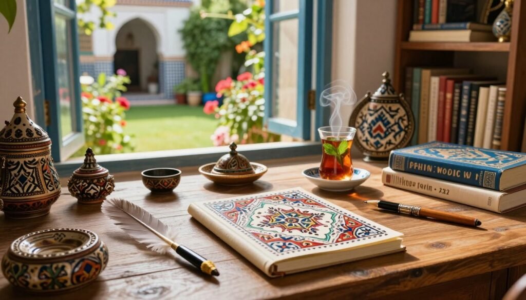A serene writer's workspace inspired by Moroccan culture, featuring a wooden desk adorned with traditional crafts, books, and a beautifully designed notebook. In the foreground, a quill pen rests next to a steaming cup of mint tea, symbolizing creativity and inspiration. The middle ground showcases an open window revealing a vibrant, sunlit garden with lush greenery and blooming flowers, reflecting tranquility. In the background, a bookshelf filled with classic literature and art pieces inspired by North African motifs. Natural light streams through the window, creating a warm and inviting atmosphere, perfect for literary reflection. Capture this scene from a slightly elevated angle to emphasize the harmonious blend of art and writing, embodying the essence of literary contributions. A serene writer's workspace inspired by Moroccan culture, featuring a wooden desk adorned with traditional crafts, books, and a beautifully designed notebook. In the foreground, a quill pen rests next to a steaming cup of mint tea, symbolizing creativity and inspiration. The middle ground showcases an open window revealing a vibrant, sunlit garden with lush greenery and blooming flowers, reflecting tranquility. In the background, a bookshelf filled with classic literature and art pieces inspired by North African motifs. Natural light streams through the window, creating a warm and inviting atmosphere, perfect for literary reflection. Capture this scene from a slightly elevated angle to emphasize the harmonious blend of art and writing, embodying the essence of literary contributions.