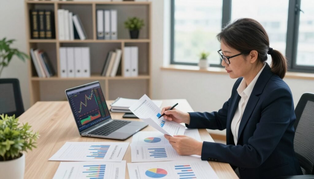 A sophisticated, well-organized office space, showcasing a modern desk filled with financial documents, charts, and a laptop displaying stock market graphs. In the foreground, a professional in business attire, a middle-aged woman with glasses, is analyzing a financial report, exuding focus and determination. The middle-ground features an elegant bookshelf filled with investment literature, while a large window in the background allows natural light to flood the room, creating a bright and inspiring atmosphere. The lighting is soft yet vibrant, highlighting the financial documents. The angle is slightly elevated, giving a comprehensive view of the workspace, creating a sense of professionalism and financial growth. The mood is optimistic, representing success and the potential of passive income through financial investments. A sophisticated, well-organized office space, showcasing a modern desk filled with financial documents, charts, and a laptop displaying stock market graphs. In the foreground, a professional in business attire, a middle-aged woman with glasses, is analyzing a financial report, exuding focus and determination. The middle-ground features an elegant bookshelf filled with investment literature, while a large window in the background allows natural light to flood the room, creating a bright and inspiring atmosphere. The lighting is soft yet vibrant, highlighting the financial documents. The angle is slightly elevated, giving a comprehensive view of the workspace, creating a sense of professionalism and financial growth. The mood is optimistic, representing success and the potential of passive income through financial investments.