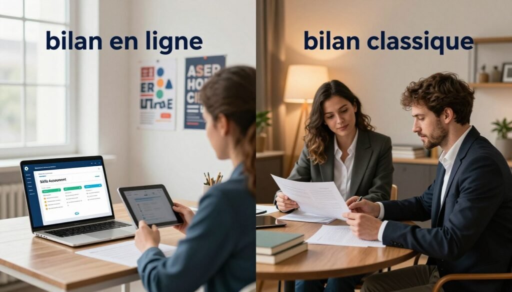 A split-screen composition showcasing "bilan en ligne" on the left and "bilan classique" on the right. On the left, depict a modern office space with a laptop displaying an interactive skills assessment tool, surrounded by motivational posters. Illuminate this section with bright, natural light coming from a window, creating a vibrant atmosphere. On the right, illustrate a traditional, cozy meeting room with a round table, papers, and books, accented by warm, soft lighting from a lamp. Include two professionals in business attire, one engaged with a tablet in the online section and the other reviewing documents in the classic setting, both conveying a sense of focus and determination. The overall mood should be informative and optimistic, emphasizing the benefits of both assessment approaches. A split-screen composition showcasing "bilan en ligne" on the left and "bilan classique" on the right. On the left, depict a modern office space with a laptop displaying an interactive skills assessment tool, surrounded by motivational posters. Illuminate this section with bright, natural light coming from a window, creating a vibrant atmosphere. On the right, illustrate a traditional, cozy meeting room with a round table, papers, and books, accented by warm, soft lighting from a lamp. Include two professionals in business attire, one engaged with a tablet in the online section and the other reviewing documents in the classic setting, both conveying a sense of focus and determination. The overall mood should be informative and optimistic, emphasizing the benefits of both assessment approaches.