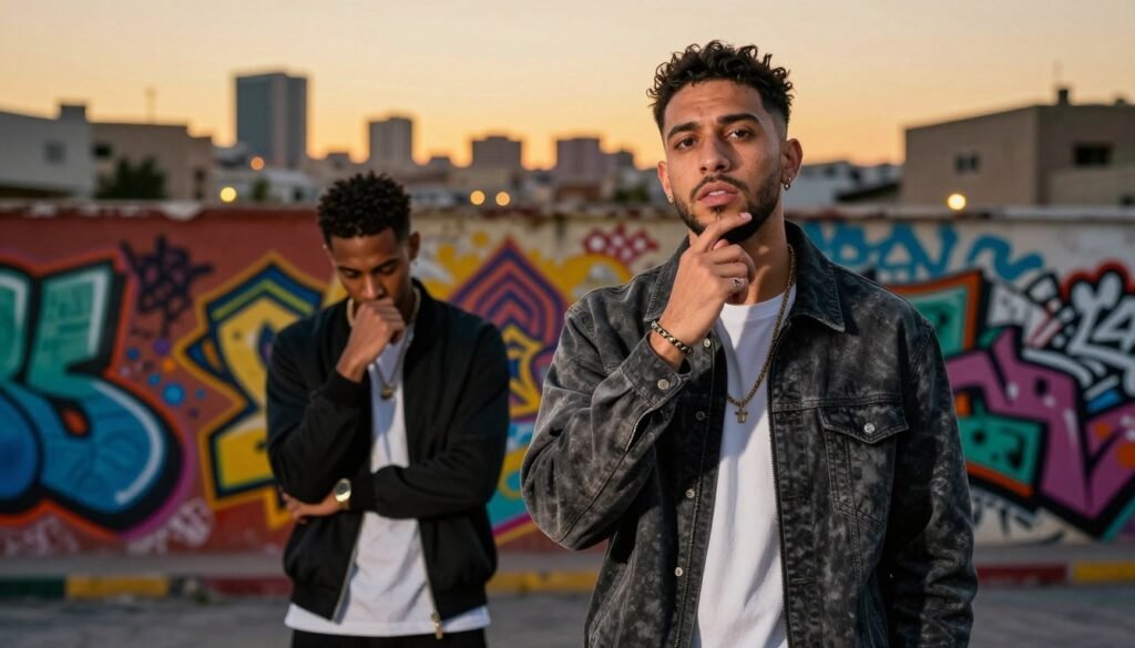 A striking depiction of the artistic duality of La Fouine, featuring two distinct personas that represent his music and identity. In the foreground, imagine a confident male figure in contemporary, stylish urban attire, embodying the essence of La Fouine, with expressive body language and a thoughtful expression that reflects determination and passion. In contrast, beside him, a more introspective version, Laouni, portrayed in a smart-casual outfit, illustrating his creativity and introspection, with an aura of depth and contemplative strength. The middle ground showcases a vibrant street art backdrop, with graffiti that symbolizes Moroccan culture and hip-hop themes, blending colors to create a lively atmosphere. In the background, a city skyline at dusk, with warm golden hues of sunset mingling with urban lights, establishes a dynamic yet harmonious mood, captured with a soft-focus lens, emphasizing both characters and their interplay. A striking depiction of the artistic duality of La Fouine, featuring two distinct personas that represent his music and identity. In the foreground, imagine a confident male figure in contemporary, stylish urban attire, embodying the essence of La Fouine, with expressive body language and a thoughtful expression that reflects determination and passion. In contrast, beside him, a more introspective version, Laouni, portrayed in a smart-casual outfit, illustrating his creativity and introspection, with an aura of depth and contemplative strength. The middle ground showcases a vibrant street art backdrop, with graffiti that symbolizes Moroccan culture and hip-hop themes, blending colors to create a lively atmosphere. In the background, a city skyline at dusk, with warm golden hues of sunset mingling with urban lights, establishes a dynamic yet harmonious mood, captured with a soft-focus lens, emphasizing both characters and their interplay.