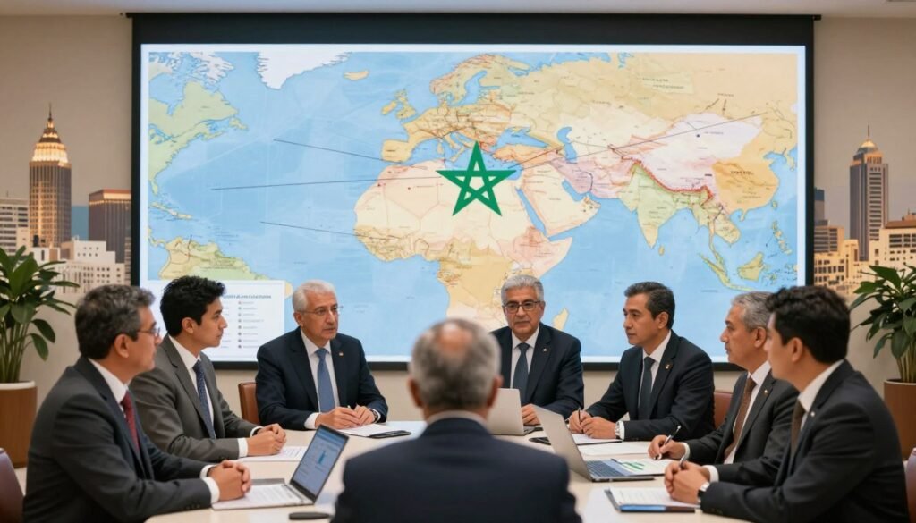 A symbolic representation of international cooperation against corruption in Morocco. In the foreground, diverse professional figures in business attire engage in discussion, highlighting unity and collaboration. They stand around a table with documents and digital devices depicting charts and data. In the middle ground, a map of Morocco is displayed on a large screen, with connecting lines to various countries, suggesting international engagement. The background features a modern cityscape of a Moroccan city, blending traditional elements with contemporary architecture. The lighting is warm and inviting, symbolizing hope and progress. The atmosphere is focused and determined, reflecting the urgency and importance of the fight against corruption. The scene is captured with a slightly elevated angle to give a sense of inclusivity and importance to the subject matter. A symbolic representation of international cooperation against corruption in Morocco. In the foreground, diverse professional figures in business attire engage in discussion, highlighting unity and collaboration. They stand around a table with documents and digital devices depicting charts and data. In the middle ground, a map of Morocco is displayed on a large screen, with connecting lines to various countries, suggesting international engagement. The background features a modern cityscape of a Moroccan city, blending traditional elements with contemporary architecture. The lighting is warm and inviting, symbolizing hope and progress. The atmosphere is focused and determined, reflecting the urgency and importance of the fight against corruption. The scene is captured with a slightly elevated angle to give a sense of inclusivity and importance to the subject matter.