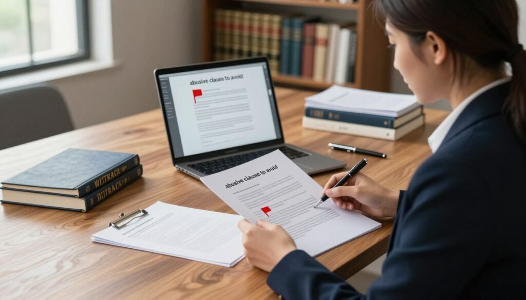 A thoughtfully designed workspace illustrating the concept of "abusive clauses to avoid" in contracts. In the foreground, a professional woman in business attire examines a series of documents with red flags marked on them, symbolizing problematic clauses. In the middle ground, a large wooden table holds a laptop displaying a digital contract, surrounded by various legal books and pens. To the background, a blurred bookshelf filled with law books hints at depth, while a window lets in soft, natural light to create a calm yet serious atmosphere. The overall mood is focused and professional, with a slightly warm tone emphasizing the importance of legal awareness and caution. A thoughtfully designed workspace illustrating the concept of "abusive clauses to avoid" in contracts. In the foreground, a professional woman in business attire examines a series of documents with red flags marked on them, symbolizing problematic clauses. In the middle ground, a large wooden table holds a laptop displaying a digital contract, surrounded by various legal books and pens. To the background, a blurred bookshelf filled with law books hints at depth, while a window lets in soft, natural light to create a calm yet serious atmosphere. The overall mood is focused and professional, with a slightly warm tone emphasizing the importance of legal awareness and caution.