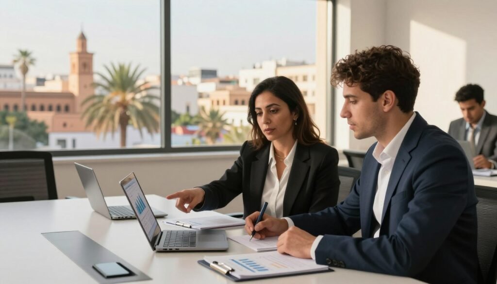 A vibrant Moroccan business scene set in a modern office environment, featuring a diverse group of three professionals engaged in a discussion around a sleek conference table filled with documents and laptops. In the foreground, a middle-aged Moroccan woman in smart business attire is pointing at a chart on her laptop, while a young man in a suit listens intently, taking notes. In the background, large windows reveal a view of a bustling Moroccan cityscape with palm trees and traditional architecture, bathed in warm afternoon sunlight. The atmosphere is collaborative and innovative, reflecting the essence of practical business management in Morocco. Use natural lighting to create a welcoming ambiance, with a shallow depth of field that subtly blurs the cityscape. A vibrant Moroccan business scene set in a modern office environment, featuring a diverse group of three professionals engaged in a discussion around a sleek conference table filled with documents and laptops. In the foreground, a middle-aged Moroccan woman in smart business attire is pointing at a chart on her laptop, while a young man in a suit listens intently, taking notes. In the background, large windows reveal a view of a bustling Moroccan cityscape with palm trees and traditional architecture, bathed in warm afternoon sunlight. The atmosphere is collaborative and innovative, reflecting the essence of practical business management in Morocco. Use natural lighting to create a welcoming ambiance, with a shallow depth of field that subtly blurs the cityscape.