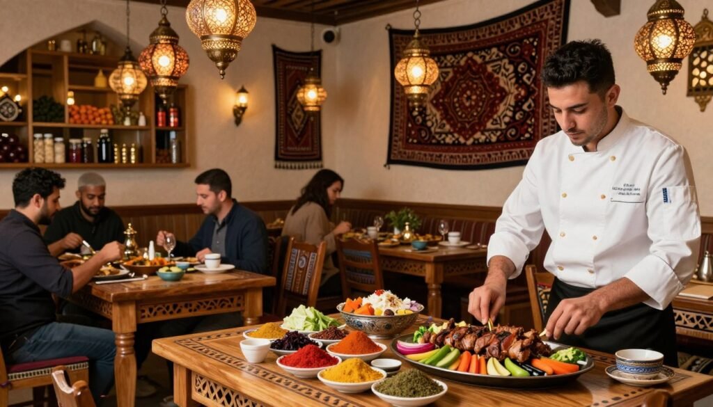 A vibrant Moroccan restaurant scene, featuring a beautifully adorned dining area with traditional lanterns casting warm, inviting light. In the foreground, a professional chef in business attire prepares an exquisite dish, showcasing colorful local ingredients like spices, fresh vegetables, and grilled meats. The middle ground reveals patrons enjoying their meals at intricately designed wooden tables, adorned with traditional Moroccan tableware. In the background, the restaurant's ambiance is enhanced by decorative tapestry and aromatic spices displayed on shelves, creating a rich cultural atmosphere. Soft, warm lighting accentuates the textures and colors of the food and decor, evoking a sense of opportunity and growth in the Moroccan food service industry. A vibrant Moroccan restaurant scene, featuring a beautifully adorned dining area with traditional lanterns casting warm, inviting light. In the foreground, a professional chef in business attire prepares an exquisite dish, showcasing colorful local ingredients like spices, fresh vegetables, and grilled meats. The middle ground reveals patrons enjoying their meals at intricately designed wooden tables, adorned with traditional Moroccan tableware. In the background, the restaurant's ambiance is enhanced by decorative tapestry and aromatic spices displayed on shelves, creating a rich cultural atmosphere. Soft, warm lighting accentuates the textures and colors of the food and decor, evoking a sense of opportunity and growth in the Moroccan food service industry.