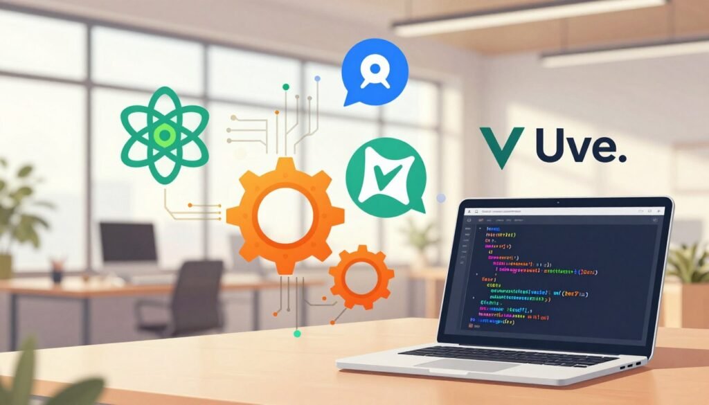 A vibrant and detailed digital illustration showcasing various web programming languages. In the foreground, a stylized laptop displaying code snippets in HTML, CSS, and JavaScript, with colorful syntax highlighting. The middle ground features icons representing popular frameworks like React, Angular, and Vue.js, intertwined with gears and circuit patterns to symbolize technology. In the background, a soft-focus modern office space with large windows letting in natural light, creating a bright and professional atmosphere. The image conveys an inspiring mood, highlighting innovation and creativity in web development. Use a warm color palette to evoke a welcoming feel, with an emphasis on clarity and organization. Ensure no text or logos are present in the image. A vibrant and detailed digital illustration showcasing various web programming languages. In the foreground, a stylized laptop displaying code snippets in HTML, CSS, and JavaScript, with colorful syntax highlighting. The middle ground features icons representing popular frameworks like React, Angular, and Vue.js, intertwined with gears and circuit patterns to symbolize technology. In the background, a soft-focus modern office space with large windows letting in natural light, creating a bright and professional atmosphere. The image conveys an inspiring mood, highlighting innovation and creativity in web development. Use a warm color palette to evoke a welcoming feel, with an emphasis on clarity and organization. Ensure no text or logos are present in the image.