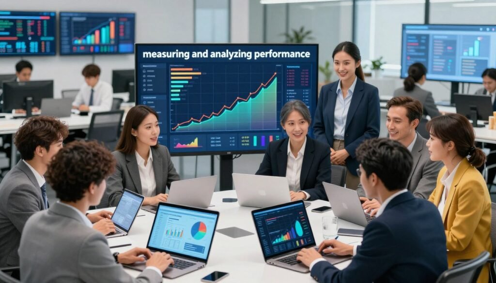 A vibrant and detailed illustration showcasing the theme of "measuring and analyzing performance" in digital advertising. In the foreground, a diverse group of professionals in smart business attire, including both men and women, are engaged in a lively discussion while examining various digital marketing metrics displayed on sleek tablets and laptops. The middle layer features a dynamic digital dashboard with graphs and performance indicators, suggesting growth and analysis. The background includes an office-like environment filled with modern technology and digital screens showcasing statistics, creating a contemporary atmosphere. The lighting is bright and professional, accentuating the focus on teamwork and strategic thinking. The overall mood is energetic and optimistic, reflecting the drive for optimization in digital advertising performance. A vibrant and detailed illustration showcasing the theme of "measuring and analyzing performance" in digital advertising. In the foreground, a diverse group of professionals in smart business attire, including both men and women, are engaged in a lively discussion while examining various digital marketing metrics displayed on sleek tablets and laptops. The middle layer features a dynamic digital dashboard with graphs and performance indicators, suggesting growth and analysis. The background includes an office-like environment filled with modern technology and digital screens showcasing statistics, creating a contemporary atmosphere. The lighting is bright and professional, accentuating the focus on teamwork and strategic thinking. The overall mood is energetic and optimistic, reflecting the drive for optimization in digital advertising performance.