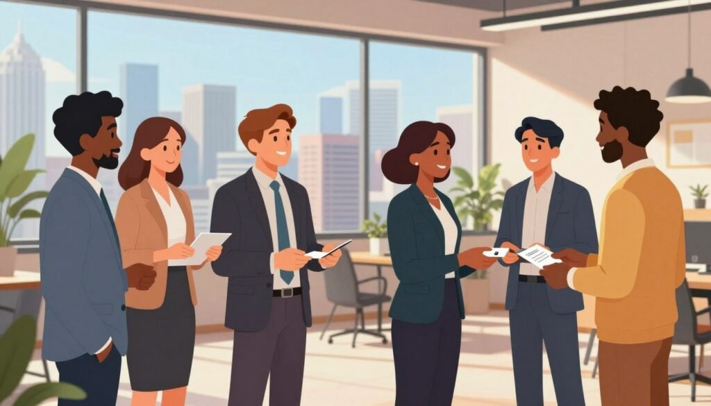 A vibrant and dynamic illustration of a professional networking scene in an urban setting. In the foreground, a group of diverse professionals in smart business attire is engaged in animated conversations, exchanging business cards and ideas. The men and women, varying in ethnicity, are smiling and making connections, symbolizing collaboration and growth. In the middle ground, a modern co-working space features large windows, letting in warm natural light that creates an inviting atmosphere. Green plants are scattered throughout, adding a touch of freshness. In the background, a city skyline is visible, showcasing tall buildings and a clear blue sky, suggesting an exciting career landscape. The overall mood is optimistic and energetic, emphasizing the importance of building professional networks. A vibrant and dynamic illustration of a professional networking scene in an urban setting. In the foreground, a group of diverse professionals in smart business attire is engaged in animated conversations, exchanging business cards and ideas. The men and women, varying in ethnicity, are smiling and making connections, symbolizing collaboration and growth. In the middle ground, a modern co-working space features large windows, letting in warm natural light that creates an inviting atmosphere. Green plants are scattered throughout, adding a touch of freshness. In the background, a city skyline is visible, showcasing tall buildings and a clear blue sky, suggesting an exciting career landscape. The overall mood is optimistic and energetic, emphasizing the importance of building professional networks.