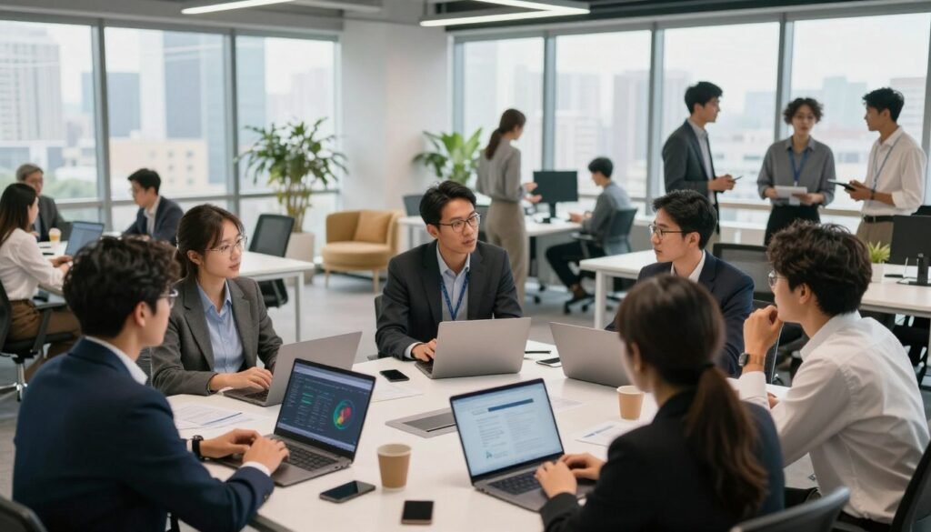 A vibrant and dynamic scene depicting strategic partnerships and startup acceleration. In the foreground, diverse professionals in business attire are engaged in a lively discussion, surrounded by laptops and innovative tech devices. In the middle ground, an open office space with modern furniture, plants, and collaboration areas showcases a diverse team brainstorming ideas. The background features large windows with a panoramic city view, symbolizing growth and opportunity. Soft, natural lighting filters through, creating an inspiring atmosphere. The image conveys a sense of collaboration, innovation, and energetic ambition, perfectly reflecting the essence of strategic partnerships in startup acceleration. A vibrant and dynamic scene depicting strategic partnerships and startup acceleration. In the foreground, diverse professionals in business attire are engaged in a lively discussion, surrounded by laptops and innovative tech devices. In the middle ground, an open office space with modern furniture, plants, and collaboration areas showcases a diverse team brainstorming ideas. The background features large windows with a panoramic city view, symbolizing growth and opportunity. Soft, natural lighting filters through, creating an inspiring atmosphere. The image conveys a sense of collaboration, innovation, and energetic ambition, perfectly reflecting the essence of strategic partnerships in startup acceleration.
