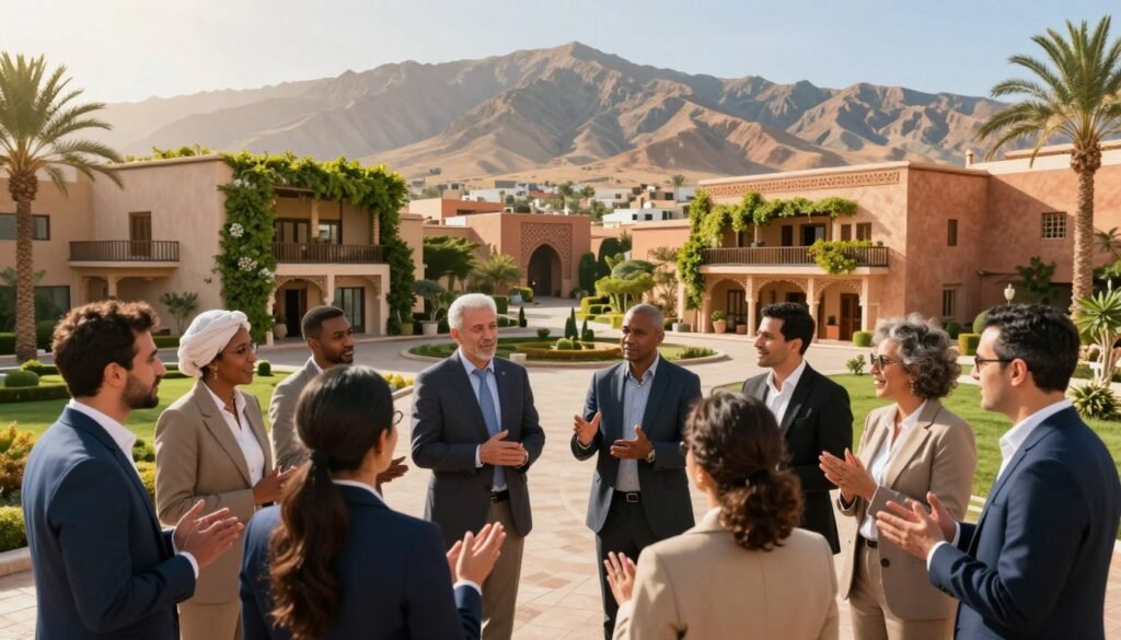 A vibrant and dynamic scene depicting strategic partnerships in Morocco focused on sustainable development. In the foreground, a diverse group of professionals in smart business attire is engaged in a collaborative discussion, their gestures expressing enthusiasm and unity. The middle ground features beautifully designed buildings symbolizing innovation, with greenery integrated into the architecture. In the background, a picturesque Moroccan landscape with the Atlas Mountains and traditional elements like riads and palm trees can be seen, bathed in warm, golden sunlight. The overall atmosphere is hopeful and progressive, illustrating the synergy between local initiatives and strategic partnerships. The image captures the essence of collaboration and progress towards sustainable development goals in Morocco. A vibrant and dynamic scene depicting strategic partnerships in Morocco focused on sustainable development. In the foreground, a diverse group of professionals in smart business attire is engaged in a collaborative discussion, their gestures expressing enthusiasm and unity. The middle ground features beautifully designed buildings symbolizing innovation, with greenery integrated into the architecture. In the background, a picturesque Moroccan landscape with the Atlas Mountains and traditional elements like riads and palm trees can be seen, bathed in warm, golden sunlight. The overall atmosphere is hopeful and progressive, illustrating the synergy between local initiatives and strategic partnerships. The image captures the essence of collaboration and progress towards sustainable development goals in Morocco.