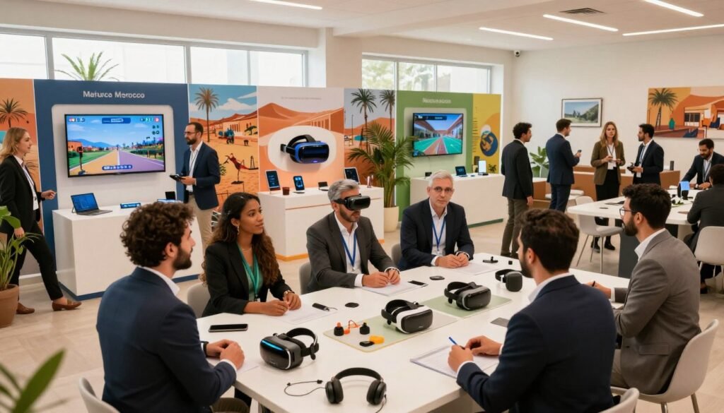 A vibrant and dynamic scene showcasing innovations in the leisure sector in Morocco. In the foreground, a diverse group of entrepreneurs in professional business attire brainstorm around a modern table filled with prototypes of leisure products, like smart sports equipment and virtual reality headsets. The middle ground features interactive displays showcasing leisure technology such as augmented reality games and eco-friendly travel solutions, surrounded by colorful posters of Moroccan landscapes. The background highlights a bright and airy workspace with large windows letting in natural light, plants, and modern decor. The atmosphere is energetic and collaborative, reflecting innovation and creativity. Use a wide-angle lens for a dynamic perspective, accentuated by soft, warm lighting to create an inviting environment. A vibrant and dynamic scene showcasing innovations in the leisure sector in Morocco. In the foreground, a diverse group of entrepreneurs in professional business attire brainstorm around a modern table filled with prototypes of leisure products, like smart sports equipment and virtual reality headsets. The middle ground features interactive displays showcasing leisure technology such as augmented reality games and eco-friendly travel solutions, surrounded by colorful posters of Moroccan landscapes. The background highlights a bright and airy workspace with large windows letting in natural light, plants, and modern decor. The atmosphere is energetic and collaborative, reflecting innovation and creativity. Use a wide-angle lens for a dynamic perspective, accentuated by soft, warm lighting to create an inviting environment.