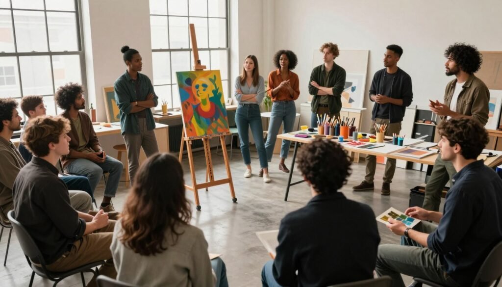 A vibrant and dynamic studio setting showcasing diverse artistic collaborations. In the foreground, a group of musicians from different backgrounds are animatedly discussing concepts, each dressed in professional attire. The middle ground features an easel displaying a colorful painting and a table cluttered with art supplies, symbolizing various artistic mediums. In the background, large windows let in soft, natural light, illuminating the space and creating a warm atmosphere. The scene conveys a sense of creativity and cooperation, with an energetic yet harmonious ambiance. The use of a wide-angle lens enhances the open feel of the studio, emphasizing collaboration. Overall, the mood is inspirational, celebrating artistry and teamwork across different disciplines. A vibrant and dynamic studio setting showcasing diverse artistic collaborations. In the foreground, a group of musicians from different backgrounds are animatedly discussing concepts, each dressed in professional attire. The middle ground features an easel displaying a colorful painting and a table cluttered with art supplies, symbolizing various artistic mediums. In the background, large windows let in soft, natural light, illuminating the space and creating a warm atmosphere. The scene conveys a sense of creativity and cooperation, with an energetic yet harmonious ambiance. The use of a wide-angle lens enhances the open feel of the studio, emphasizing collaboration. Overall, the mood is inspirational, celebrating artistry and teamwork across different disciplines.