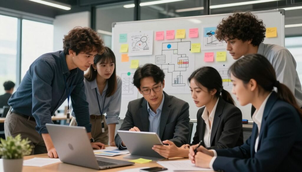 A vibrant and dynamic workspace scene illustrating the role of technical skills in innovation and agility. In the foreground, a diverse team of professionals in business attire collaborates over a digital tablet, showcasing their engagement in brainstorming. The middle ground features a whiteboard filled with colorful post-it notes, sketches, and flowcharts, symbolizing creative processes and agile methodologies. In the background, a modern office space with large windows lets in warm, natural light, creating an inviting atmosphere. Soft shadows emphasize the focus on teamwork and innovation, while a slight depth of field adds artistry, drawing attention to the collaborative scene. The overall mood is energetic and inspiring, emphasizing the importance of technical skills in driving progress and adaptability in the workplace. A vibrant and dynamic workspace scene illustrating the role of technical skills in innovation and agility. In the foreground, a diverse team of professionals in business attire collaborates over a digital tablet, showcasing their engagement in brainstorming. The middle ground features a whiteboard filled with colorful post-it notes, sketches, and flowcharts, symbolizing creative processes and agile methodologies. In the background, a modern office space with large windows lets in warm, natural light, creating an inviting atmosphere. Soft shadows emphasize the focus on teamwork and innovation, while a slight depth of field adds artistry, drawing attention to the collaborative scene. The overall mood is energetic and inspiring, emphasizing the importance of technical skills in driving progress and adaptability in the workplace.