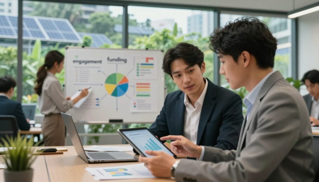 A vibrant and engaging depiction of sustainable project financing strategies, featuring a diverse group of professionals in a modern office setting. In the foreground, two individuals in business attire analyze graphs and charts on a tablet, emphasizing teamwork and collaboration. In the middle, a whiteboard filled with colorful diagrams and keywords related to sustainable strategies, like "engagement," "funding," and "green projects." The background showcases large windows with a view of a green cityscape filled with solar panels and lush greenery, symbolizing sustainability. Soft, ambient lighting creates a warm atmosphere, while a slight depth of field focuses on the professionals in the foreground, conveying a sense of purpose and innovation in sustainable project financing. A vibrant and engaging depiction of sustainable project financing strategies, featuring a diverse group of professionals in a modern office setting. In the foreground, two individuals in business attire analyze graphs and charts on a tablet, emphasizing teamwork and collaboration. In the middle, a whiteboard filled with colorful diagrams and keywords related to sustainable strategies, like "engagement," "funding," and "green projects." The background showcases large windows with a view of a green cityscape filled with solar panels and lush greenery, symbolizing sustainability. Soft, ambient lighting creates a warm atmosphere, while a slight depth of field focuses on the professionals in the foreground, conveying a sense of purpose and innovation in sustainable project financing.