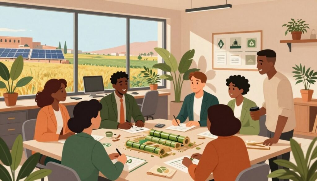 A vibrant and engaging illustration depicting sustainable business practices in Morocco. In the foreground, a diverse group of professionals in smart business attire, collaboratively discussing eco-friendly ideas, surrounded by sustainable materials like bamboo and recycled paper. The middle ground showcases a modern office with large windows allowing natural light to flood in, and greenery such as potted plants contributing to the atmosphere of sustainability. The background features a scenic view of Moroccan landscapes, including fields and solar panels on rooftops, symbolizing harmony with nature. The overall mood is optimistic and innovative, with warm, soft lighting enhancing a sense of collaboration and forward-thinking. The image invites the viewer to reflect on the importance of sustainability in Moroccan enterprises. A vibrant and engaging illustration depicting sustainable business practices in Morocco. In the foreground, a diverse group of professionals in smart business attire, collaboratively discussing eco-friendly ideas, surrounded by sustainable materials like bamboo and recycled paper. The middle ground showcases a modern office with large windows allowing natural light to flood in, and greenery such as potted plants contributing to the atmosphere of sustainability. The background features a scenic view of Moroccan landscapes, including fields and solar panels on rooftops, symbolizing harmony with nature. The overall mood is optimistic and innovative, with warm, soft lighting enhancing a sense of collaboration and forward-thinking. The image invites the viewer to reflect on the importance of sustainability in Moroccan enterprises.