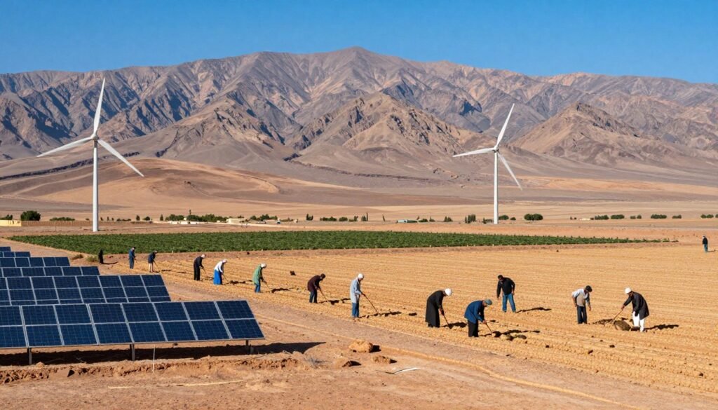 A vibrant and engaging landscape illustrating the ecological challenges faced by Morocco in its transition to a green economy. In the foreground, show diverse Moroccan landscapes, such as arid desert areas with windmills and solar panels, symbolizing renewable energy efforts. In the middle ground, depict local farmers combating drought, wearing professional attire and performing sustainable agricultural practices. The background should feature the Atlas Mountains under a clear blue sky, representing both the beauty of the region and the urgency for environmental protection. Use soft, natural lighting to create an optimistic yet contemplative mood. Capture the scene from a slightly elevated angle to encompass both the human activity and the vast, striking landscape. A vibrant and engaging landscape illustrating the ecological challenges faced by Morocco in its transition to a green economy. In the foreground, show diverse Moroccan landscapes, such as arid desert areas with windmills and solar panels, symbolizing renewable energy efforts. In the middle ground, depict local farmers combating drought, wearing professional attire and performing sustainable agricultural practices. The background should feature the Atlas Mountains under a clear blue sky, representing both the beauty of the region and the urgency for environmental protection. Use soft, natural lighting to create an optimistic yet contemplative mood. Capture the scene from a slightly elevated angle to encompass both the human activity and the vast, striking landscape.