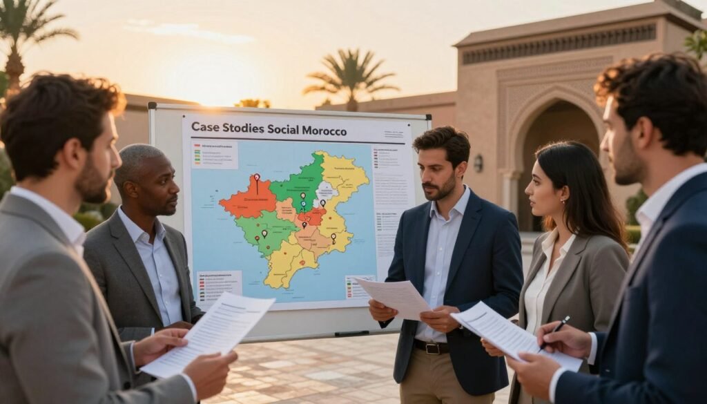 A vibrant and engaging scene depicting case studies on social impact in Morocco. In the foreground, a diverse group of professionals, dressed in smart business attire, are engaged in discussion, reviewing documents and charts. In the middle ground, a map of Morocco is pinned on a board, dotted with markers indicating various regions, showcasing different social initiatives. In the background, a warm Moroccan sunset casts golden light, highlighting traditional architecture like a riad. The mood is collaborative and inspiring, emphasizing growth and positive change. The scene should evoke a sense of professionalism and purpose, with dynamic lighting focusing on the professionals as they work together to create social impact. A vibrant and engaging scene depicting case studies on social impact in Morocco. In the foreground, a diverse group of professionals, dressed in smart business attire, are engaged in discussion, reviewing documents and charts. In the middle ground, a map of Morocco is pinned on a board, dotted with markers indicating various regions, showcasing different social initiatives. In the background, a warm Moroccan sunset casts golden light, highlighting traditional architecture like a riad. The mood is collaborative and inspiring, emphasizing growth and positive change. The scene should evoke a sense of professionalism and purpose, with dynamic lighting focusing on the professionals as they work together to create social impact.