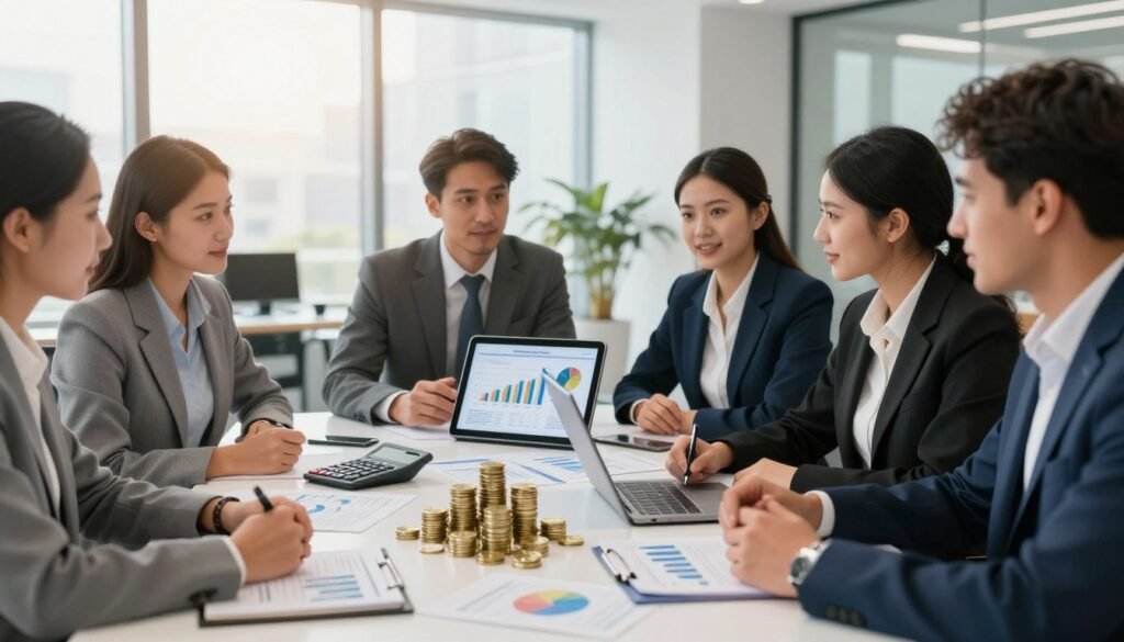 A vibrant and informative scene depicting various financial options for Moroccan enterprises. In the foreground, a diverse group of professional business people wearing smart attire, engaged in a discussion around a table filled with financial documents, charts, and laptops. In the middle ground, include stacks of coins, a calculator, and a digital tablet displaying graphs, symbolizing investment opportunities and financial planning. The background shows a modern office with large windows that let in warm, natural light, giving a sense of optimism and growth. The overall atmosphere is collaborative and dynamic, capturing the essence of entrepreneurship in Morocco. Ensure the focus is clear and well-lit, with a soft depth of field. A vibrant and informative scene depicting various financial options for Moroccan enterprises. In the foreground, a diverse group of professional business people wearing smart attire, engaged in a discussion around a table filled with financial documents, charts, and laptops. In the middle ground, include stacks of coins, a calculator, and a digital tablet displaying graphs, symbolizing investment opportunities and financial planning. The background shows a modern office with large windows that let in warm, natural light, giving a sense of optimism and growth. The overall atmosphere is collaborative and dynamic, capturing the essence of entrepreneurship in Morocco. Ensure the focus is clear and well-lit, with a soft depth of field.
