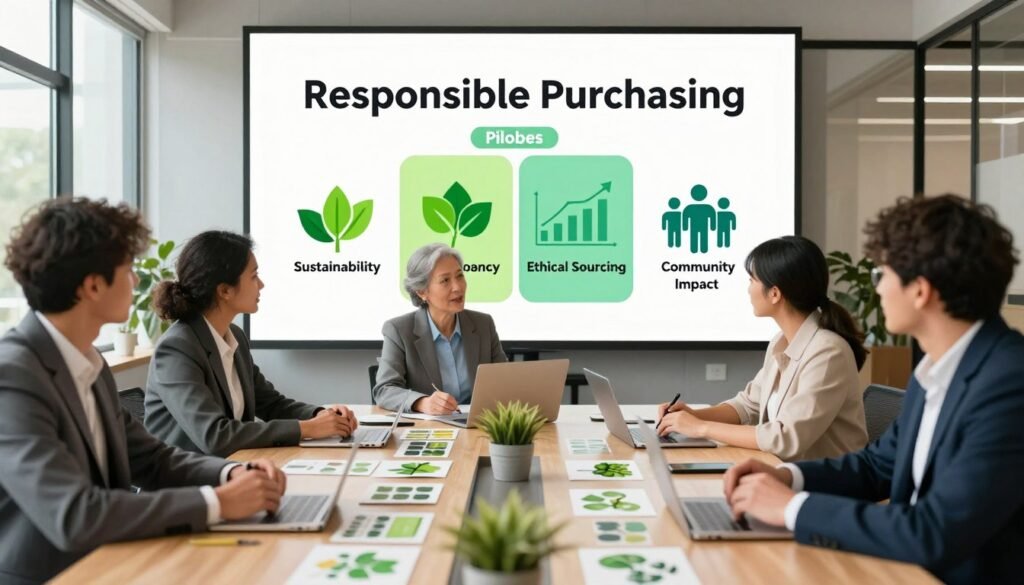 A vibrant and insightful image depicting the pillars of responsible purchasing. In the foreground, feature a diverse group of individuals in professional business attire, engaged in a collaborative discussion around a large, interactive table filled with eco-friendly product samples. In the middle ground, display visual elements representing the four key pillars: sustainability, transparency, ethical sourcing, and community impact, illustrated through symbols like green leaves, charts, and community silhouettes. The background should show a modern office environment with large windows allowing natural light to illuminate the scene, creating a warm and inviting atmosphere. Use a wide-angle lens to emphasize the teamwork and positive energy, capturing a moment of shared commitment to responsible purchasing practices. A vibrant and insightful image depicting the pillars of responsible purchasing. In the foreground, feature a diverse group of individuals in professional business attire, engaged in a collaborative discussion around a large, interactive table filled with eco-friendly product samples. In the middle ground, display visual elements representing the four key pillars: sustainability, transparency, ethical sourcing, and community impact, illustrated through symbols like green leaves, charts, and community silhouettes. The background should show a modern office environment with large windows allowing natural light to illuminate the scene, creating a warm and inviting atmosphere. Use a wide-angle lens to emphasize the teamwork and positive energy, capturing a moment of shared commitment to responsible purchasing practices.