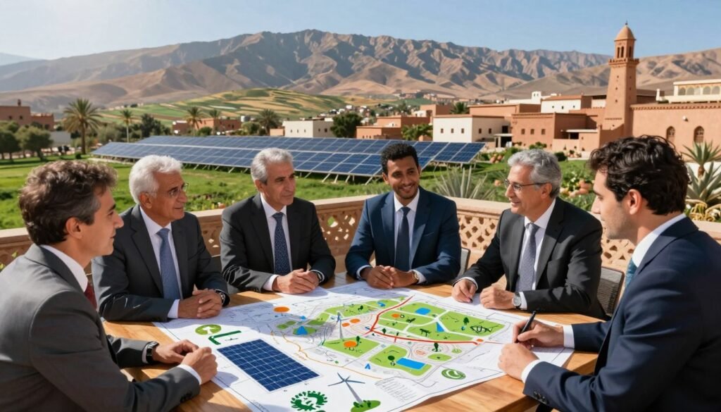 A vibrant and insightful scene depicting eco-friendly strategies and action levers in Morocco. In the foreground, a diverse group of professionals in business attire collaborates around a wooden table covered with maps and renewable energy diagrams, showcasing solar panels, wind turbines, and sustainable agriculture symbols. In the middle ground, a lush landscape of Morocco is visible, featuring rolling hills and solar farms, blended with traditional architecture reflecting the local culture. The background includes the Atlas Mountains under a clear blue sky, radiating a hopeful ambiance. The sunlight filters through, illuminating the scene and creating a warm, optimistic atmosphere. Capture this moment from a slightly elevated angle to emphasize the collaborative spirit and the beautiful Moroccan environment. A vibrant and insightful scene depicting eco-friendly strategies and action levers in Morocco. In the foreground, a diverse group of professionals in business attire collaborates around a wooden table covered with maps and renewable energy diagrams, showcasing solar panels, wind turbines, and sustainable agriculture symbols. In the middle ground, a lush landscape of Morocco is visible, featuring rolling hills and solar farms, blended with traditional architecture reflecting the local culture. The background includes the Atlas Mountains under a clear blue sky, radiating a hopeful ambiance. The sunlight filters through, illuminating the scene and creating a warm, optimistic atmosphere. Capture this moment from a slightly elevated angle to emphasize the collaborative spirit and the beautiful Moroccan environment.