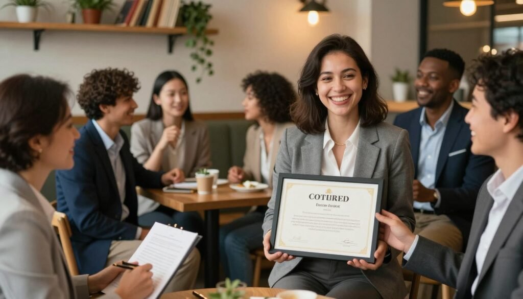 A vibrant and inspiring scene depicting a diverse group of professionals celebrating their career reconversion success. In the foreground, a joyful woman in a smart business outfit holds a framed certificate, surrounded by a few equally well-dressed colleagues, smiling and sharing their experiences. In the middle ground, a cozy café setting can be seen, with a group engaged in animated discussion, highlighting the supportive community aspect of career change. The background features warm, soft lighting with shelves of books and plants, creating an atmosphere of growth and positivity. The angle should capture both the faces of the individuals and the intimate setting, enhancing the feeling of inspiration and achievement. A vibrant and inspiring scene depicting a diverse group of professionals celebrating their career reconversion success. In the foreground, a joyful woman in a smart business outfit holds a framed certificate, surrounded by a few equally well-dressed colleagues, smiling and sharing their experiences. In the middle ground, a cozy café setting can be seen, with a group engaged in animated discussion, highlighting the supportive community aspect of career change. The background features warm, soft lighting with shelves of books and plants, creating an atmosphere of growth and positivity. The angle should capture both the faces of the individuals and the intimate setting, enhancing the feeling of inspiration and achievement.