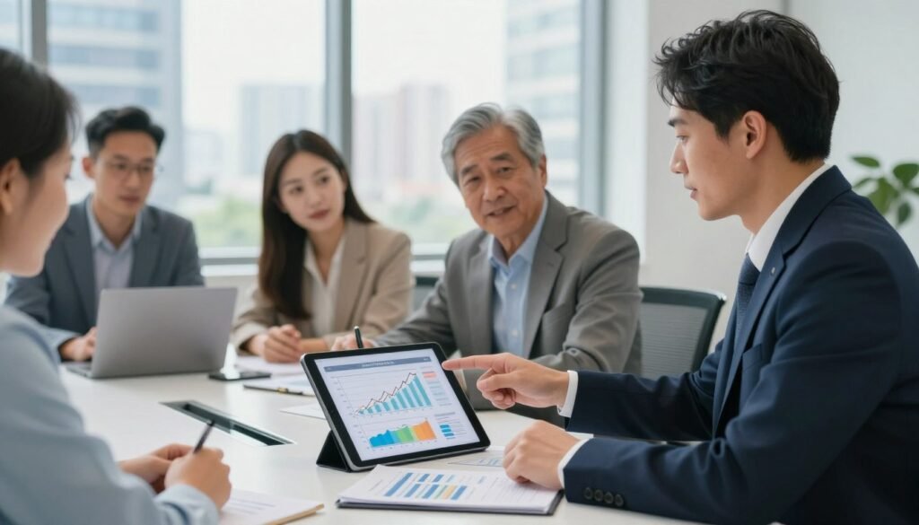 A vibrant and inspiring scene depicting a financial advisor helping a diverse group of individuals in a modern office setting. In the foreground, the advisor, dressed in smart business attire, is pointing to a digital tablet displaying growth charts and investment options. The middle ground features a young woman and an older man, both engaged and attentive, sitting at a sleek conference table with financial documents and a laptop. In the background, large windows reveal a bustling cityscape, with soft, diffused natural light illuminating the room, creating an uplifting atmosphere. The overall mood conveys professionalism, trust, and hope for a prosperous financial future. A vibrant and inspiring scene depicting a financial advisor helping a diverse group of individuals in a modern office setting. In the foreground, the advisor, dressed in smart business attire, is pointing to a digital tablet displaying growth charts and investment options. The middle ground features a young woman and an older man, both engaged and attentive, sitting at a sleek conference table with financial documents and a laptop. In the background, large windows reveal a bustling cityscape, with soft, diffused natural light illuminating the room, creating an uplifting atmosphere. The overall mood conveys professionalism, trust, and hope for a prosperous financial future.