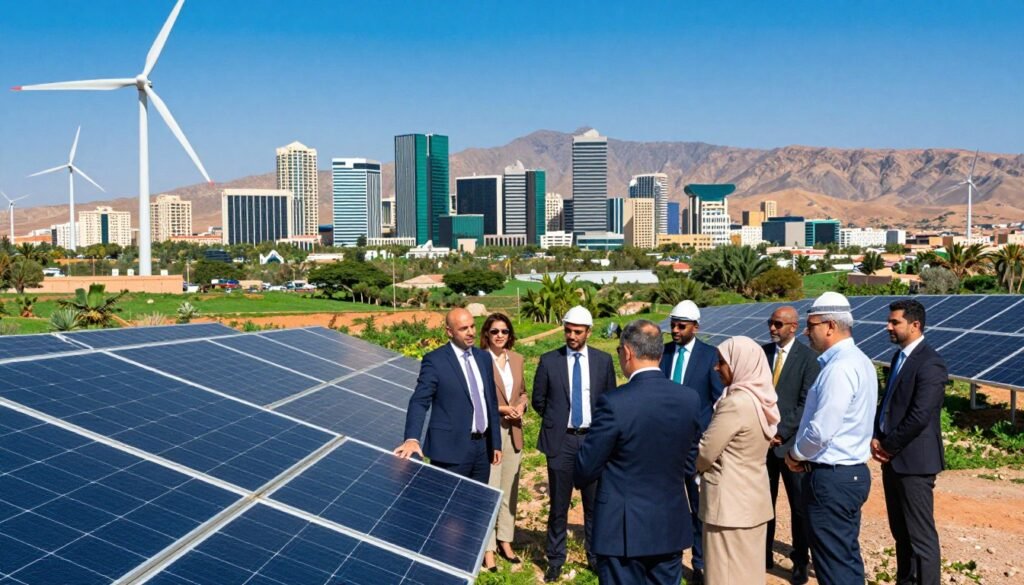 A vibrant and inspiring scene depicting renewable energy investment strategies in Morocco. In the foreground, a diverse group of professionals in smart business attire examines solar panels and wind turbines on a lush landscape under a clear blue sky. The middle ground features a modern city skyline intertwined with green spaces, showcasing eco-friendly architecture. In the background, majestic mountains and wind farms symbolize the natural resources of the region. The lighting is bright and sunny, conveying optimism and progress. Use a wide-angle lens to capture the expansive scope of renewable energy potential. The atmosphere is dynamic and hopeful, emphasizing collaboration and innovation in sustainable energy practices. A vibrant and inspiring scene depicting renewable energy investment strategies in Morocco. In the foreground, a diverse group of professionals in smart business attire examines solar panels and wind turbines on a lush landscape under a clear blue sky. The middle ground features a modern city skyline intertwined with green spaces, showcasing eco-friendly architecture. In the background, majestic mountains and wind farms symbolize the natural resources of the region. The lighting is bright and sunny, conveying optimism and progress. Use a wide-angle lens to capture the expansive scope of renewable energy potential. The atmosphere is dynamic and hopeful, emphasizing collaboration and innovation in sustainable energy practices.