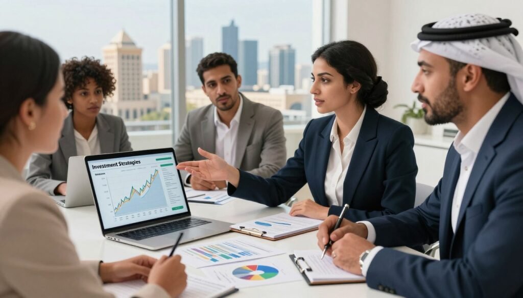 A vibrant and professional depiction of investment strategies in Morocco, showcasing a diverse group of individuals engaged in a discussion about short, medium, and long-term financial placements. In the foreground, a confident Middle-Eastern woman in a smart business suit gestures towards a financial graph displayed on a sleek digital device, while a well-dressed Moroccan man takes notes. The middle ground features a table adorned with investment brochures and economic charts, with a modern Moroccan cityscape in the background, highlighting iconic architecture. Soft, natural lighting creates an inviting atmosphere, accentuating the focus on collaboration and strategy. The angle is slightly elevated, providing a comprehensive view of the engaging scene, emphasizing professionalism and optimism about financial growth. A vibrant and professional depiction of investment strategies in Morocco, showcasing a diverse group of individuals engaged in a discussion about short, medium, and long-term financial placements. In the foreground, a confident Middle-Eastern woman in a smart business suit gestures towards a financial graph displayed on a sleek digital device, while a well-dressed Moroccan man takes notes. The middle ground features a table adorned with investment brochures and economic charts, with a modern Moroccan cityscape in the background, highlighting iconic architecture. Soft, natural lighting creates an inviting atmosphere, accentuating the focus on collaboration and strategy. The angle is slightly elevated, providing a comprehensive view of the engaging scene, emphasizing professionalism and optimism about financial growth.