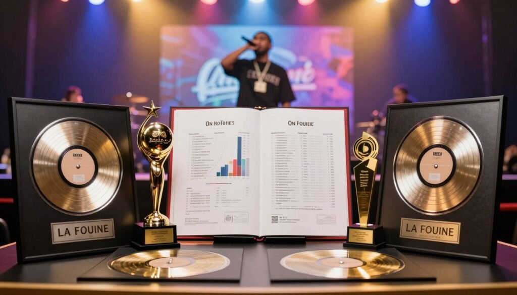 A vibrant, artistic interpretation of La Fouine's music achievements displayed as certifications and awards. In the foreground, showcase gold and platinum record plaques, elegantly arranged, with the artist's name subtly embossed. In the middle ground, an open book with detailed charts illustrating music success, surrounded by a trophy reflecting his accomplishments. The background features a soft focus of a stage lit with colorful lights, capturing the energy of a live performance. The atmosphere is celebratory and inspiring, evoking a sense of triumph and recognition in the world of hip-hop. The lighting is warm and inviting, creating a sense of excitement. Ensure the scene is polished and professional, enhancing the mood without clutter. A vibrant, artistic interpretation of La Fouine's music achievements displayed as certifications and awards. In the foreground, showcase gold and platinum record plaques, elegantly arranged, with the artist's name subtly embossed. In the middle ground, an open book with detailed charts illustrating music success, surrounded by a trophy reflecting his accomplishments. The background features a soft focus of a stage lit with colorful lights, capturing the energy of a live performance. The atmosphere is celebratory and inspiring, evoking a sense of triumph and recognition in the world of hip-hop. The lighting is warm and inviting, creating a sense of excitement. Ensure the scene is polished and professional, enhancing the mood without clutter.