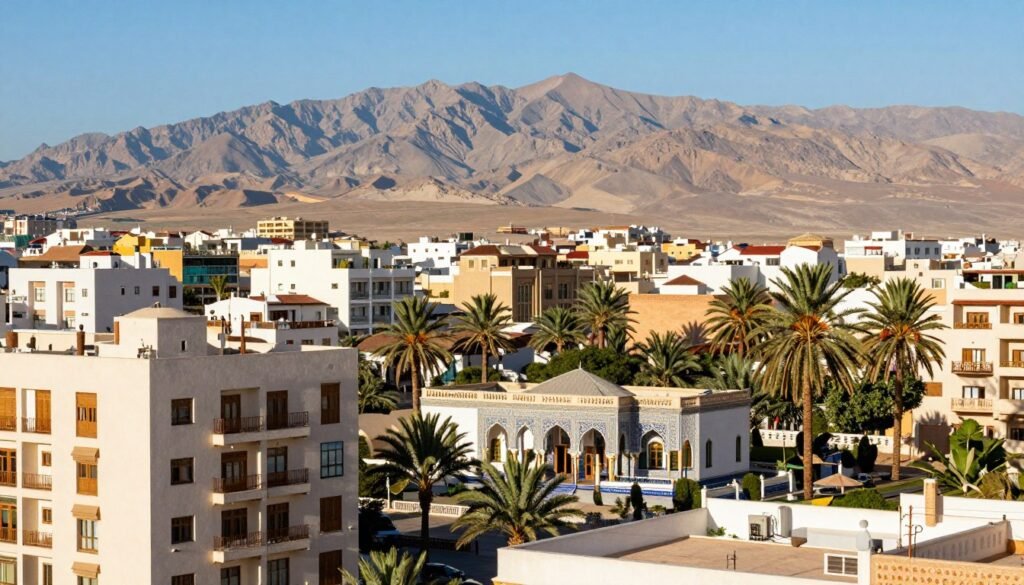 A vibrant cityscape in Morocco showcasing various types of real estate investments. In the foreground, feature a modern apartment building with balconies, highlighting urban living potential. In the middle ground, display traditional Moroccan riads with intricate tile work, symbolizing cultural heritage investments. Include a luxurious villa surrounded by palm trees, representing high-end property opportunities. The background should feature the Atlas Mountains under a bright blue sky, adding a scenic touch. Use soft, warm lighting to create an inviting atmosphere. Capture the scene from a slightly elevated angle, providing a comprehensive view of different property styles while maintaining a balanced composition. The overall mood should be optimistic and inspiring, ideal for potential investors. A vibrant cityscape in Morocco showcasing various types of real estate investments. In the foreground, feature a modern apartment building with balconies, highlighting urban living potential. In the middle ground, display traditional Moroccan riads with intricate tile work, symbolizing cultural heritage investments. Include a luxurious villa surrounded by palm trees, representing high-end property opportunities. The background should feature the Atlas Mountains under a bright blue sky, adding a scenic touch. Use soft, warm lighting to create an inviting atmosphere. Capture the scene from a slightly elevated angle, providing a comprehensive view of different property styles while maintaining a balanced composition. The overall mood should be optimistic and inspiring, ideal for potential investors.