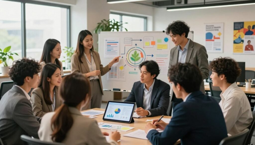 A vibrant collaboration scene illustrating innovative projects and partnerships. In the foreground, a diverse group of professionals in smart business attire engage in animated discussions, examining a digital tablet displaying graphs and plans. In the middle, a large whiteboard filled with colorful diagrams and ideas connects the team, symbolizing brainstorming and creativity. The background showcases a modern office space with greenery, large windows allowing natural light to pour in, and inspiring posters on the walls. The mood is dynamic and optimistic, reflecting entrepreneurship and social impact. Utilize soft, warm lighting to enhance the inviting atmosphere, and capture the scene with a wide-angle lens to emphasize inclusivity and engagement. A vibrant collaboration scene illustrating innovative projects and partnerships. In the foreground, a diverse group of professionals in smart business attire engage in animated discussions, examining a digital tablet displaying graphs and plans. In the middle, a large whiteboard filled with colorful diagrams and ideas connects the team, symbolizing brainstorming and creativity. The background showcases a modern office space with greenery, large windows allowing natural light to pour in, and inspiring posters on the walls. The mood is dynamic and optimistic, reflecting entrepreneurship and social impact. Utilize soft, warm lighting to enhance the inviting atmosphere, and capture the scene with a wide-angle lens to emphasize inclusivity and engagement.