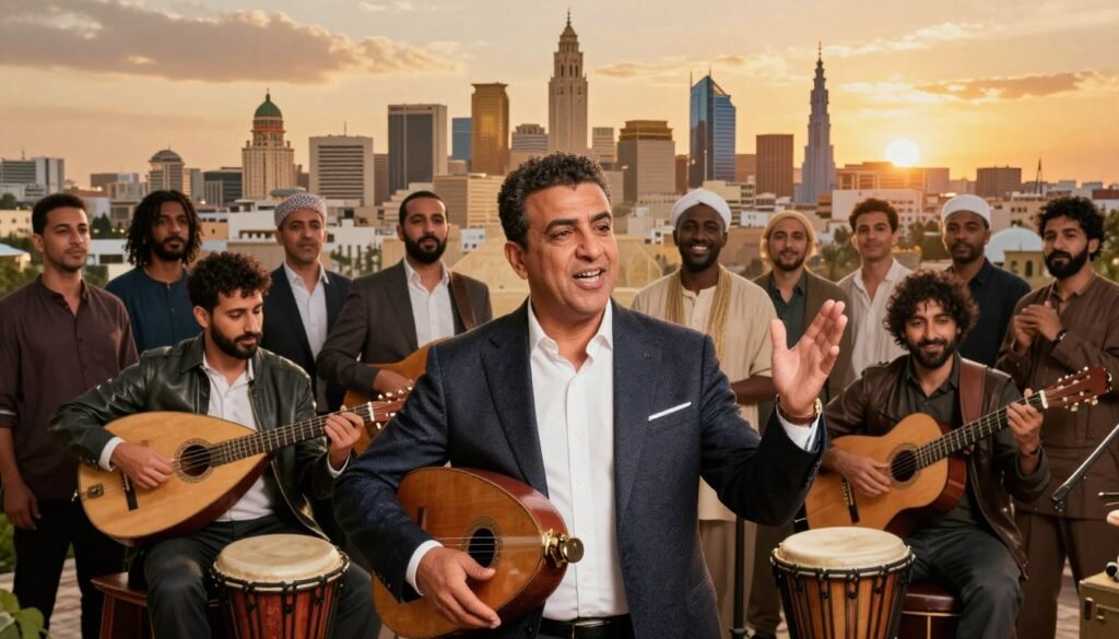 A vibrant collage highlighting Nadir Khayat's international music collaborations. In the foreground, feature Nadir Khayat, a light-skinned Moroccan man in his 40s, dressed in a stylish, professional outfit, passionately engaging with a diverse group of musicians from various cultural backgrounds. The middle ground showcases musical instruments representing different genres, such as a Moroccan oud, a Western guitar, and African drums, symbolizing unity in diversity. In the background, an abstract city skyline merges iconic landmarks from Morocco, France, and other countries, illuminated by a warm, golden sunset, creating an inviting atmosphere. The overall mood is celebratory and energetic, reflecting the fusion of global music influences. Use soft lighting to enhance the colors and detail, capturing a dynamic, yet professional scene. A vibrant collage highlighting Nadir Khayat's international music collaborations. In the foreground, feature Nadir Khayat, a light-skinned Moroccan man in his 40s, dressed in a stylish, professional outfit, passionately engaging with a diverse group of musicians from various cultural backgrounds. The middle ground showcases musical instruments representing different genres, such as a Moroccan oud, a Western guitar, and African drums, symbolizing unity in diversity. In the background, an abstract city skyline merges iconic landmarks from Morocco, France, and other countries, illuminated by a warm, golden sunset, creating an inviting atmosphere. The overall mood is celebratory and energetic, reflecting the fusion of global music influences. Use soft lighting to enhance the colors and detail, capturing a dynamic, yet professional scene.
