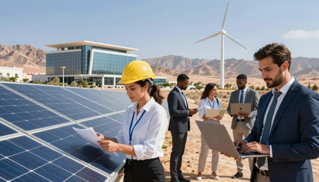 A vibrant depiction of key growth sectors in Morocco, illustrating various professionals engaged in technology, renewable energy, and tourism. In the foreground, a diverse group of individuals in professional attire, including a female engineer examining solar panels and a male tech expert working on a laptop. The middle ground features modern architectural elements symbolizing innovation, such as a sleek office building and wind turbines. The background showcases stunning Moroccan landscapes, blending mountains and desert, under a clear blue sky. Soft, natural lighting illuminates the scene, creating an optimistic and forward-looking atmosphere. The angle is slightly elevated, providing a comprehensive view of the dynamic interactions among the professionals while emphasizing the sectors' potential. A vibrant depiction of key growth sectors in Morocco, illustrating various professionals engaged in technology, renewable energy, and tourism. In the foreground, a diverse group of individuals in professional attire, including a female engineer examining solar panels and a male tech expert working on a laptop. The middle ground features modern architectural elements symbolizing innovation, such as a sleek office building and wind turbines. The background showcases stunning Moroccan landscapes, blending mountains and desert, under a clear blue sky. Soft, natural lighting illuminates the scene, creating an optimistic and forward-looking atmosphere. The angle is slightly elevated, providing a comprehensive view of the dynamic interactions among the professionals while emphasizing the sectors' potential.
