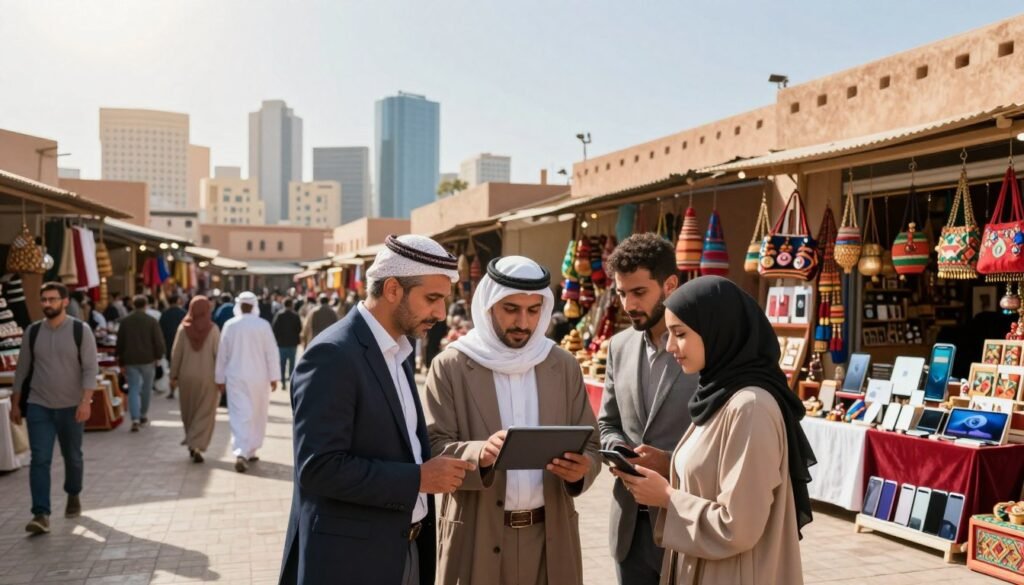 A vibrant e-commerce scene depicting the Moroccan market, showcasing a blend of traditional and modern shopping elements. In the foreground, a diverse group of people, dressed in professional business attire and modest casual clothing, examines various products on a digital tablet. The middle ground features a bustling marketplace with colorful stalls representing local handicrafts and tech gadgets, highlighting the fusion of culture and technology. The background shows a skyline of modern buildings that symbolize the growth of e-commerce in Morocco, under a bright, sunny sky to convey optimism. Soft, warm lighting enhances the welcoming atmosphere, and the angle gives a sense of depth and engagement, inviting viewers into the evolving landscape of Moroccan online shopping. A vibrant e-commerce scene depicting the Moroccan market, showcasing a blend of traditional and modern shopping elements. In the foreground, a diverse group of people, dressed in professional business attire and modest casual clothing, examines various products on a digital tablet. The middle ground features a bustling marketplace with colorful stalls representing local handicrafts and tech gadgets, highlighting the fusion of culture and technology. The background shows a skyline of modern buildings that symbolize the growth of e-commerce in Morocco, under a bright, sunny sky to convey optimism. Soft, warm lighting enhances the welcoming atmosphere, and the angle gives a sense of depth and engagement, inviting viewers into the evolving landscape of Moroccan online shopping.
