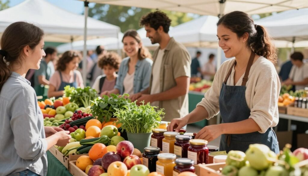 A vibrant farmer's market scene with stalls showcasing an array of local produce – colorful fruits and vegetables arranged artfully, organic herbs in pots, and jars of homemade preserves. In the foreground, highlight a cheerful vendor, dressed in casual yet tidy clothing, engaging with shoppers. The middle ground features families joyfully selecting items, displaying a sense of community and connection to local food. The background includes a bright blue sky and trees providing a natural ambiance, enhancing the sustainable theme. Soft, warm lighting casts a friendly glow over the scene, creating an inviting atmosphere that promotes responsible consumption. The lens captures the details in a slightly angled perspective, drawing the viewer's eye across the bustling market. A vibrant farmer's market scene with stalls showcasing an array of local produce – colorful fruits and vegetables arranged artfully, organic herbs in pots, and jars of homemade preserves. In the foreground, highlight a cheerful vendor, dressed in casual yet tidy clothing, engaging with shoppers. The middle ground features families joyfully selecting items, displaying a sense of community and connection to local food. The background includes a bright blue sky and trees providing a natural ambiance, enhancing the sustainable theme. Soft, warm lighting casts a friendly glow over the scene, creating an inviting atmosphere that promotes responsible consumption. The lens captures the details in a slightly angled perspective, drawing the viewer's eye across the bustling market.