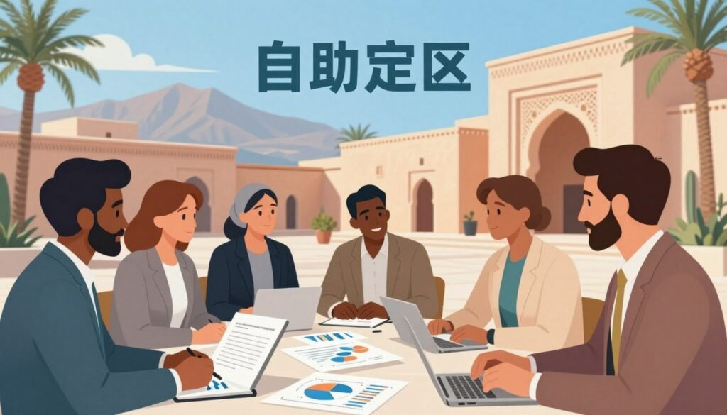 A vibrant illustration depicting the concept of tax advantages in Morocco's free zones, focusing on a professional setting. In the foreground, a diverse group of business professionals in modest, professional attire is engaged in a discussion over a table filled with charts and documents illustrating tax benefits. The middle ground features architectural elements representing modern Moroccan business environments, such as buildings with unique Moroccan design. In the background, the iconic Moroccan landscape can be seen, including palm trees and mountains under a clear blue sky, suggesting economic growth and opportunity. Soft, natural lighting enhances the scene, creating an atmosphere of optimism and collaboration, shot at a slight angle to add depth to the narrative. A vibrant illustration depicting the concept of tax advantages in Morocco's free zones, focusing on a professional setting. In the foreground, a diverse group of business professionals in modest, professional attire is engaged in a discussion over a table filled with charts and documents illustrating tax benefits. The middle ground features architectural elements representing modern Moroccan business environments, such as buildings with unique Moroccan design. In the background, the iconic Moroccan landscape can be seen, including palm trees and mountains under a clear blue sky, suggesting economic growth and opportunity. Soft, natural lighting enhances the scene, creating an atmosphere of optimism and collaboration, shot at a slight angle to add depth to the narrative.