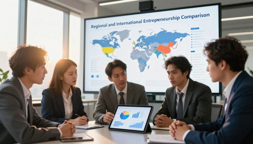 A vibrant, informative scene illustrating "Regional and International Entrepreneurship Comparison." In the foreground, diverse professionals in formal business attire engage in animated discussions, analyzing charts and graphs on a digital tablet. The middle ground features a world map on a large screen with highlighted regions relevant to entrepreneurship, accompanied by visual data points representing key metrics. In the background, a modern office environment with large windows letting in natural light creates an inviting atmosphere. The sun is setting, casting a warm glow that conveys optimism and opportunity. The overall mood is collaborative and inspiring, emphasizing global connections and growth in entrepreneurship. The image should be well-lit with a focus on detail, showcasing professionalism and an international perspective. A vibrant, informative scene illustrating "Regional and International Entrepreneurship Comparison." In the foreground, diverse professionals in formal business attire engage in animated discussions, analyzing charts and graphs on a digital tablet. The middle ground features a world map on a large screen with highlighted regions relevant to entrepreneurship, accompanied by visual data points representing key metrics. In the background, a modern office environment with large windows letting in natural light creates an inviting atmosphere. The sun is setting, casting a warm glow that conveys optimism and opportunity. The overall mood is collaborative and inspiring, emphasizing global connections and growth in entrepreneurship. The image should be well-lit with a focus on detail, showcasing professionalism and an international perspective.