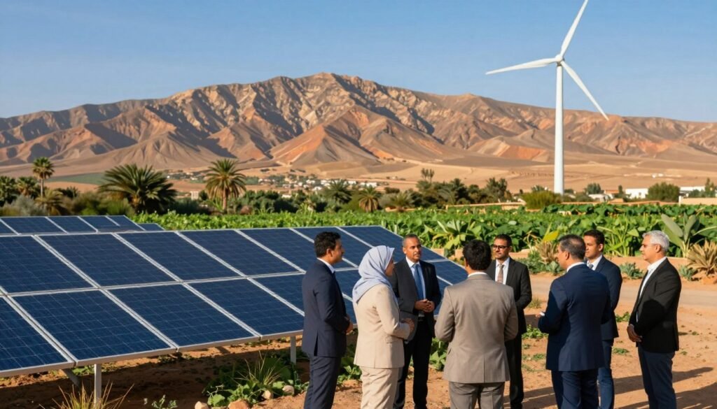 A vibrant landscape depicting the benefits of renewable energy in Morocco. In the foreground, a diverse group of professionals in business attire, engaging in discussion by solar panels and wind turbines. In the middle ground, lush greenery and thriving agriculture demonstrate sustainable practices enabled by renewable energy sources. The background features the striking Moroccan mountains under a bright blue sky, bathed in warm sunlight to create a sense of optimism and progress. The scene emphasizes harmony between technology and nature, with soft, natural lighting enhancing the tranquil atmosphere. Capture this moment at a slight angle to give depth, highlighting the integration of renewable solutions into the Moroccan landscape. A vibrant landscape depicting the benefits of renewable energy in Morocco. In the foreground, a diverse group of professionals in business attire, engaging in discussion by solar panels and wind turbines. In the middle ground, lush greenery and thriving agriculture demonstrate sustainable practices enabled by renewable energy sources. The background features the striking Moroccan mountains under a bright blue sky, bathed in warm sunlight to create a sense of optimism and progress. The scene emphasizes harmony between technology and nature, with soft, natural lighting enhancing the tranquil atmosphere. Capture this moment at a slight angle to give depth, highlighting the integration of renewable solutions into the Moroccan landscape.